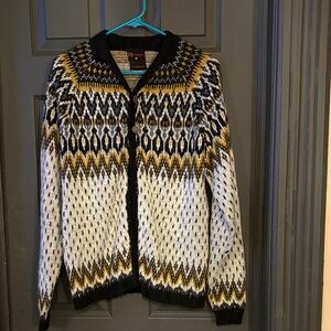 Women's Nordic Pattern Cardigan Sweater in Black, Gold, and Cream